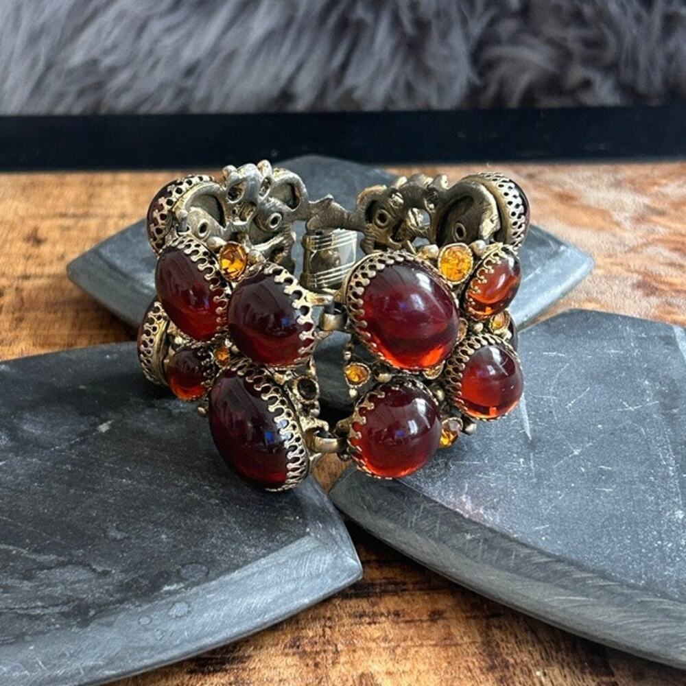 Vintage 1950s Hollywood Regency Amber Cabochon Rhinestone Panel Bracelet